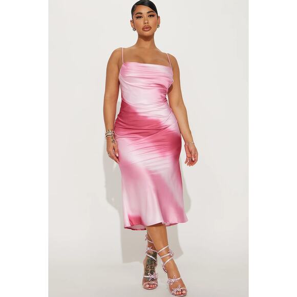 Fashion Nova Harley Satin Midi Dress Pink XS NWT - Picture 1 of 8